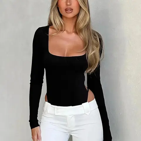 Women Spring Autumn Sexy Long Sleeve Backless Bodycon Black Tops Bodysuit Waist Stretchy Bodysuit Slim Fitting Bodysuit