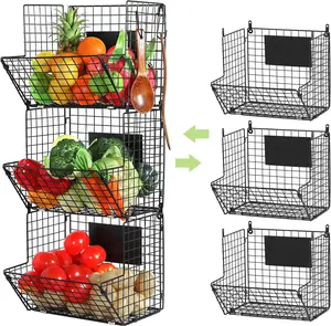 X-cosrack Metal Wire Basket Wall Mount, 3 Tier Wall Storage Basket Organizer with Chalkboards Hooks, Kitchen Fruits and Vegetables Produce Bin Rack Toys Organizer Bathroom Tower Hanging Basket (Black)