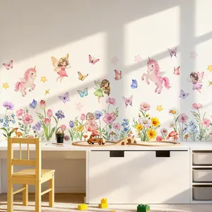 A set (30*90cm*2pcs) colorful flower, elf, butterfly and unicorn wall stickers for nursery, living room, hallway, corridor and children's room, home decoration and beautification stickers