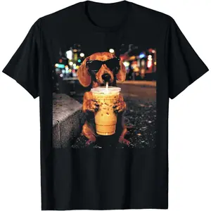 Women's funny dachshund enjoying iced coffee Graphic T-Shirt - Short Sleeve Crew Neck Regular Fit Casual Wear | Soft & Breathable Fabric, Durable Print, Everyday Comfort, Machine Washable, humorous animal meme with urban nightlife aesthetic urban street