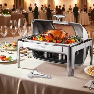 VEVOR Roll Top Chafing Dish Buffet Complete Set,  , 9 Qt 1 Pack Stainless Steel Chafer with 2 Half Size Pans, Rectangle Catering Warmer Server with Visible Lid Water Pan Folding Stand Fuel Holder, Silver