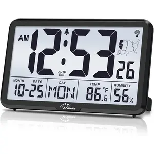 Wall Clock with Backlight, Wall Clock Battery Operated for Classroom, Bedroom, Office, Large Display with Indoor Temperature, Humidity, Date, AUTO DST, 6 Time Zones