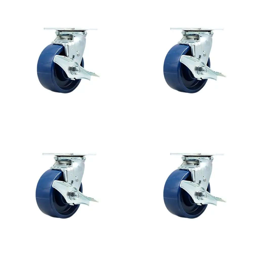 Service Caster TOOL-SCC-30CS520-SPUR-TLB-4 Industrial Grade Toolbox Casters - 5 in. Non-Marking Easy-Rolling Solid Polyurethane Wheels, Noise Reduction, Maintenance-Free, 4 Swivel Units with Top Lock Brakes, Zinc-Plated Finish, 4000 lbs Load Capacity