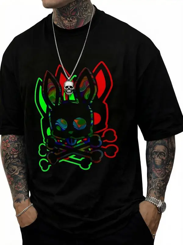 Comfortable | Chic] Comfortable Chic Men'S T-Shirt 'A Stylized Black Rabbit with Colorful Eye' Pattern, Crew Neck, Short Sleeve, Allseason, Regular Fit Menswear Tops