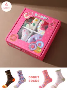 4 Pairs Mid-Calf Socks Gift Box, Sock Set, Soft Comfortable Casual Stylish Donut Socks, Unisex Food Creative Design, Perfect for Valentine's Day, Easter, Ramadan A Surprising & Exquisite Gift for Your Partner and Family