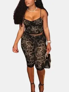 Fashion Chic Lace Material with Lining Cute Sling Top and Midi Legging Matching Set Womenswear