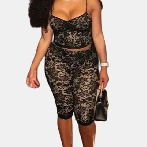 Women's Chic Lined Lace 2-Piece Apparel Set - Sling Top, Midi Leggings, Clubbing Clothes for Night Out, 2 Piece Sets Women, Two Piece Sets