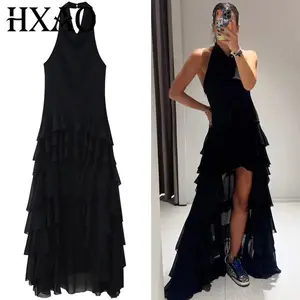HXAO Womens Dresses Black Layered One Piece Dress Summer 2025 Elegant Prom Party Dresses Midi Ruffled Sleeveless Halter Dresses