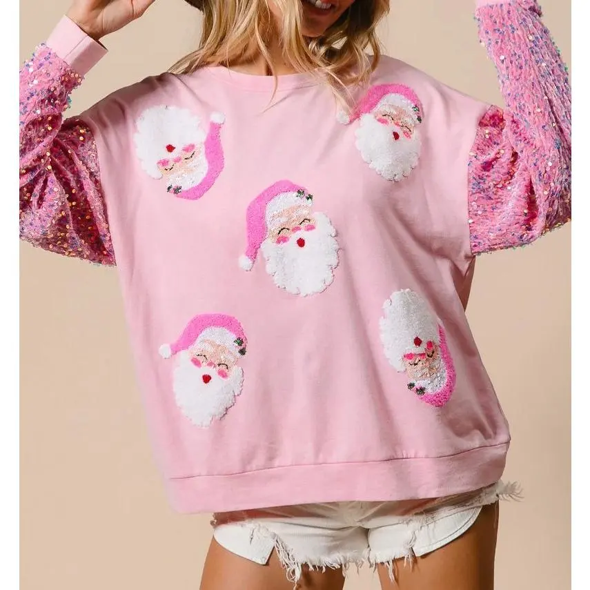 Women's Crew Neck Pullover with Sparkly Sequin Sleeves, Casual Glitter Patchwork Long Sleeve Top for Parties, Hoodie, Baggy, Oversize