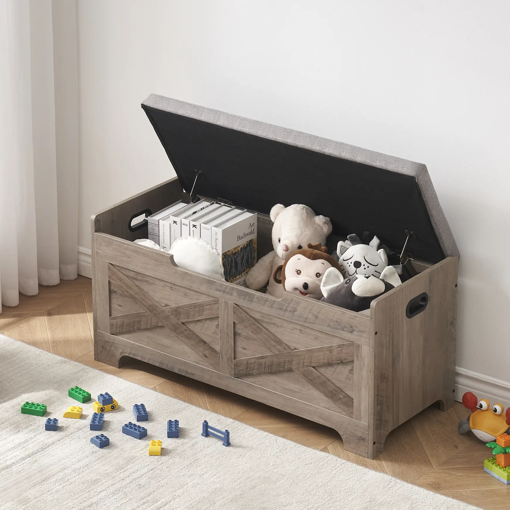 Farmhouse Wooden Shoe Storage Bench – Lift-Top Chest with Soft Close Hinges, Blanket Box & Toy Storage Trunk, Large Capacity Entryway Organizer for Bedroom, Hallway & Living Room Stools Foot Rest Stool