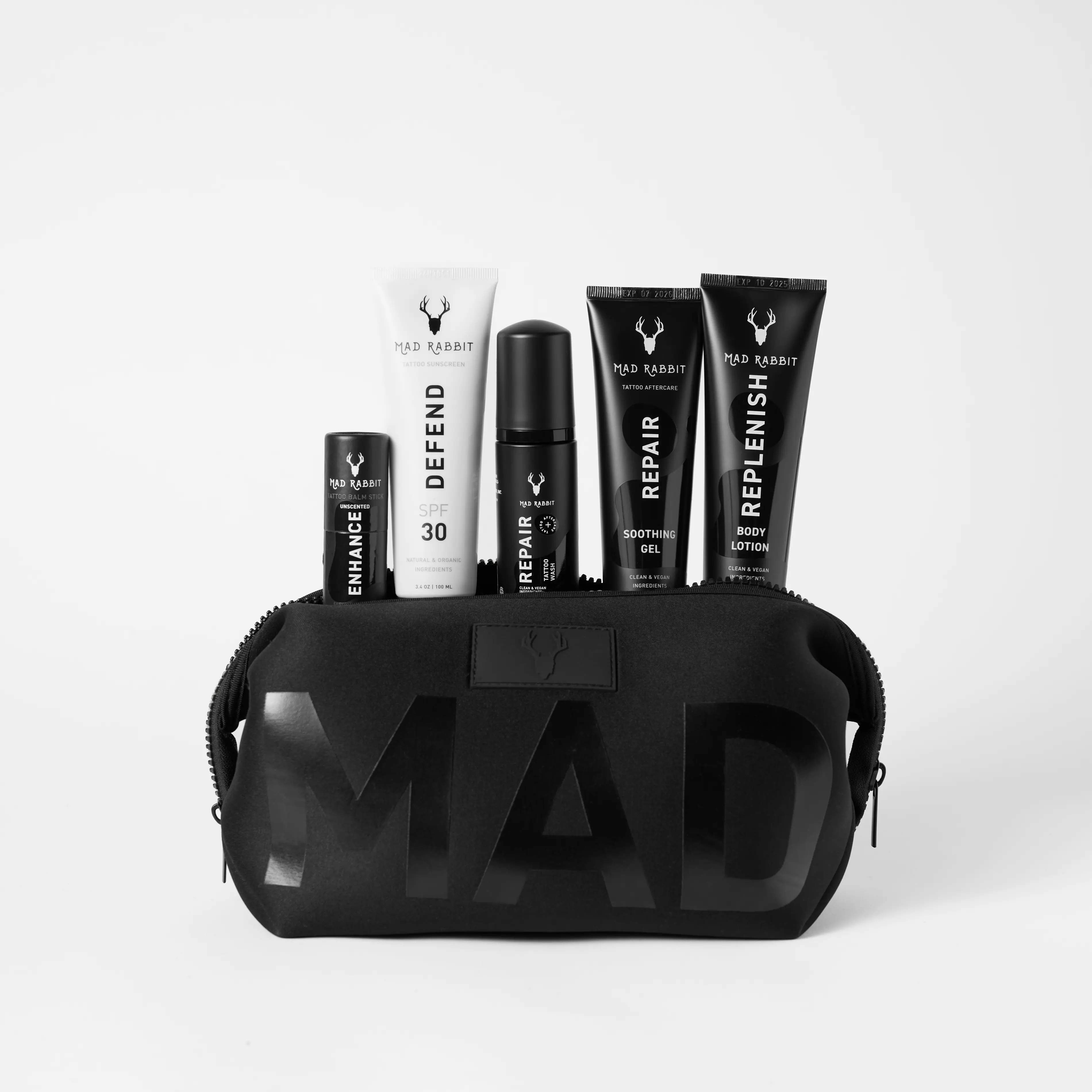 Mad Rabbit Tattoo Lovers' Kit with 5 Products, Sunscreen, New Tattoo Wash, Soothing Gel, Balm Stick & Lotion Mad Rabbit Tattoo Lovers' Kit with 5 Products, Sunscreen, New Tattoo Wash, Soothing Gel, Balm Stick & Lotion