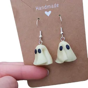 Halloween-themed Ghost Earrings with Sterling Silver Hooks and Handmade Polymer Clay