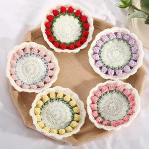 Creative Crochet Round Coasters Handmade Reusable Insulation Pads INS Style Hand-knitted Sunflower Cup Pad Desktop Decoration