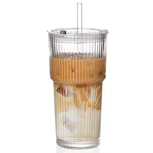 Glass Coffee Mug Set with Lid and Straw, Premium Drinking Glasses, Vertical Striped Design, 13.53oz & 20.29oz Sizes, Perfect for Ice Americano Latte Water, Glass Cups, Glassware, Iced Coffee Glass