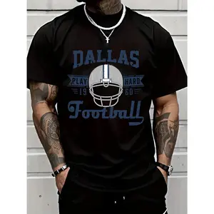 1pc Dallas Football Graphic T-Shirt, 100% Cotton Crew Neck Tee, Breathable & Washable Short Sleeve Sports Shirt for Men, Casual Street Style, Heat Transfer Print, Summer Outdoor Wear
