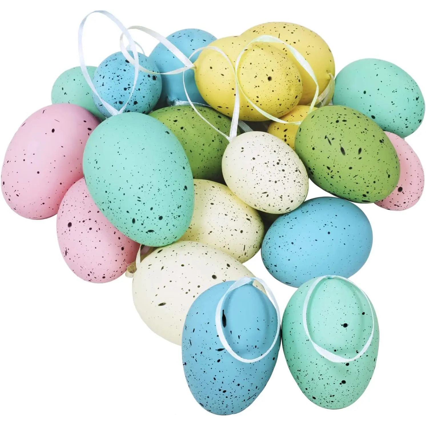 18 Pcs 3 Sizes 6 Colors Hanging Foam Speckled Eggs Ornaments Decorative Eggs in Transparent Packing Box with Faux Grass for Easter Tree Decorations Basket Filler