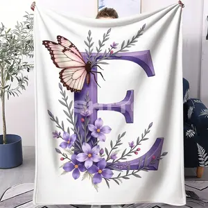 Alphabet E Theme Printed Blanket, Flannel Blanket, Purple Watercolor Alphabet and Butterfly Flowers, Gentle and Healing Visual Ambience, Suitable for Sofa, Bedroom and Traveling, Suitable for All Seasons