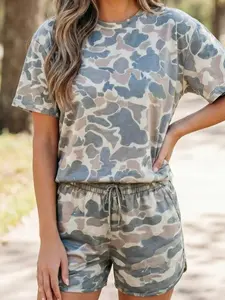 Women's Camouflage Two Piece Short Set Casual Short Sleeve Top and Drawstring Shorts Lounge Outfit