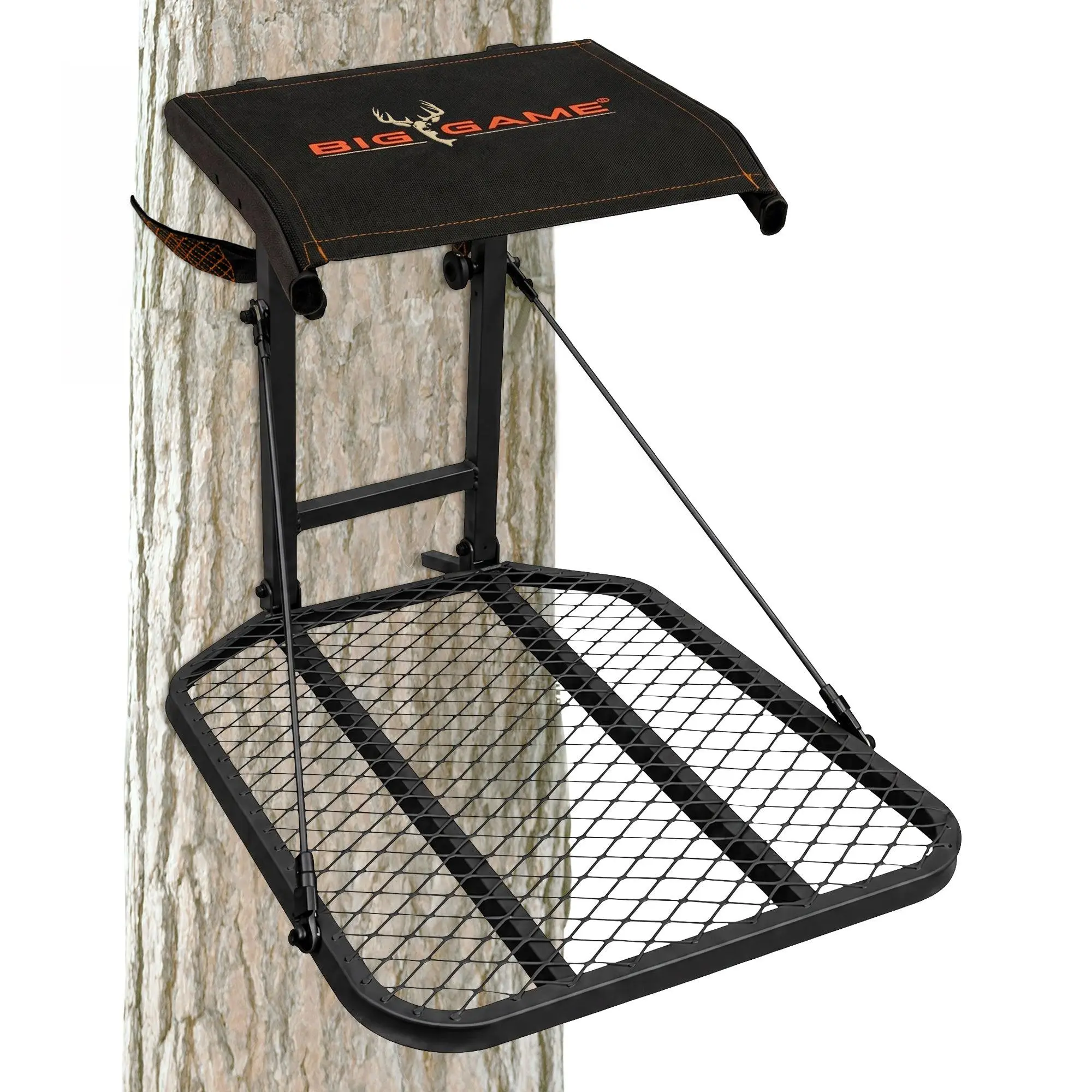 Big Game Captain Steel Hang-On Treestand with 14" x 12" Flip-Back Seat, Black