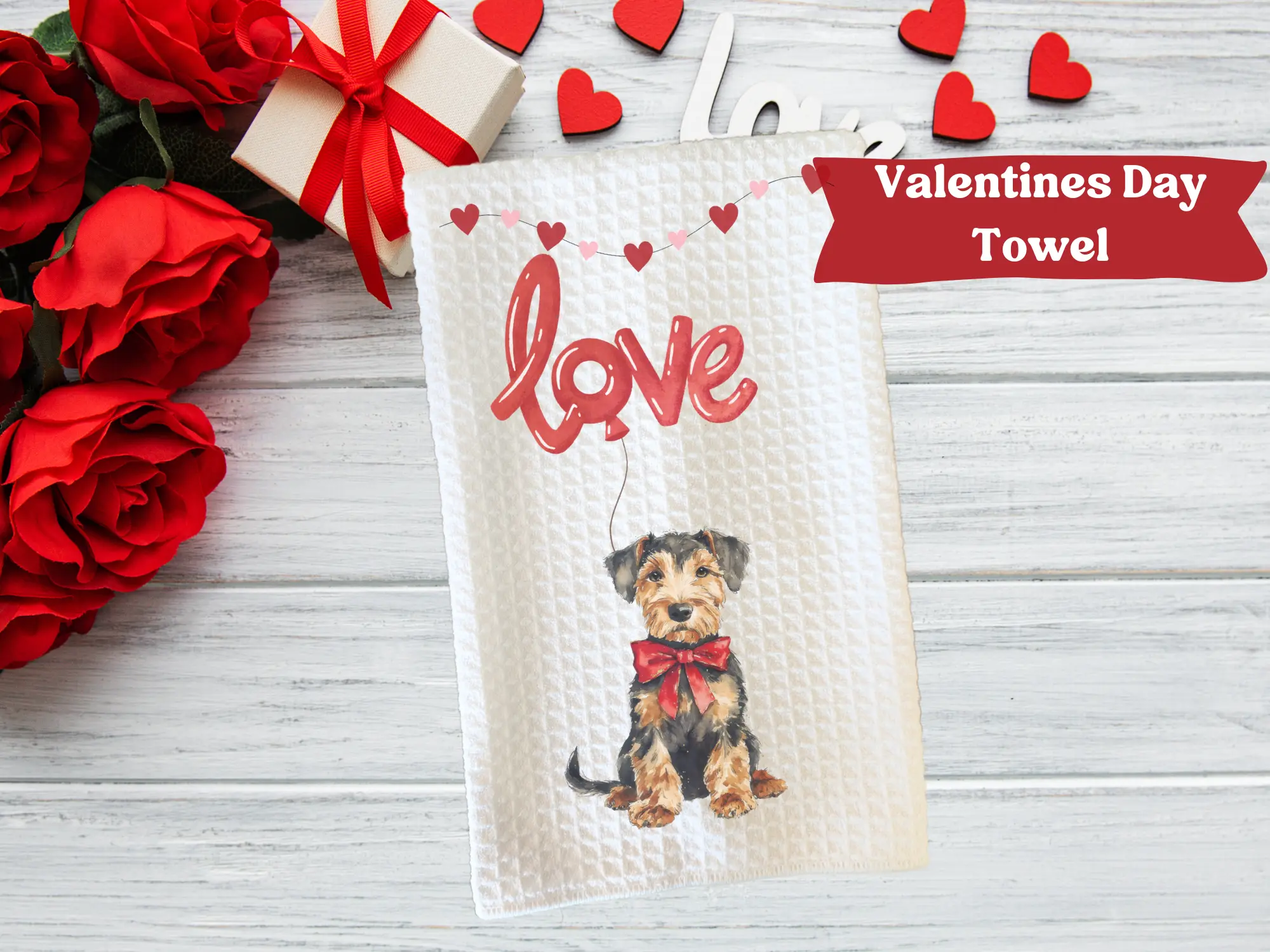 Valentines Day Dog towel (red bow, red balloon) Valentines Day Dog towel (red bow, red balloon)