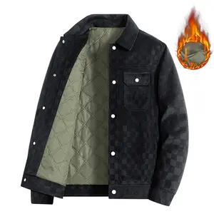 Men's Long-Sleeve Collared Casual Loose Cotton-Padded Jacket with Suede Lining Fleece Interior Chest Flap Pocket Plaid Texture Decoration for Autumn Winter Wear