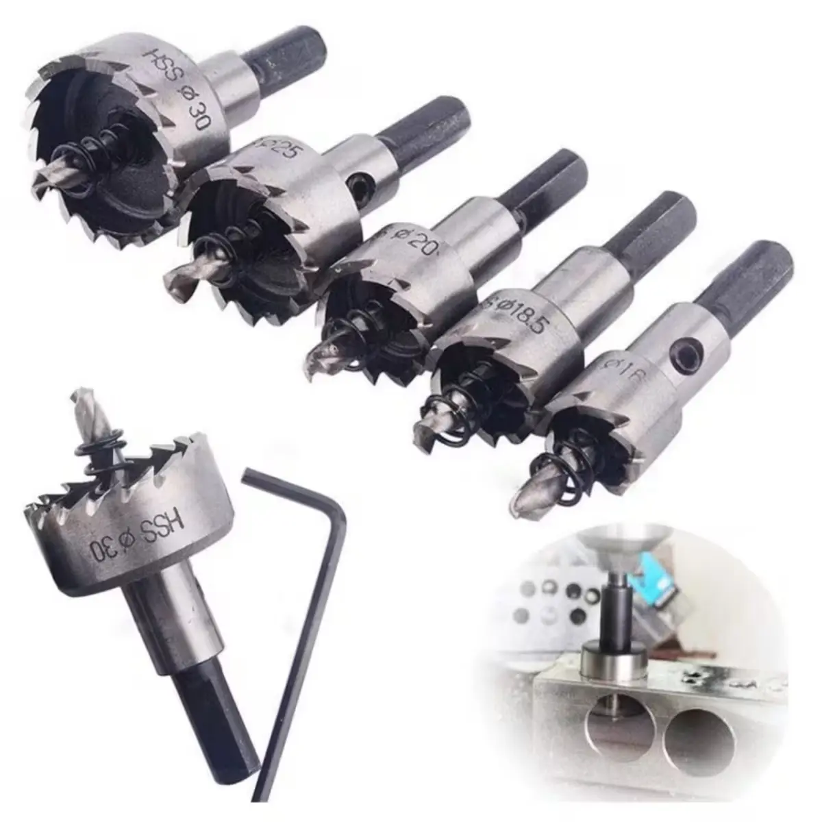 5Pcs HSS Hole Saw Cutter Drill Bits Set - 16-30mm (5/8-Inch to 1-3/16-Inch, 25mm/0.98in Included), Heavy Duty Cutting Tool for Stainless Steel, Wood, Cabinets