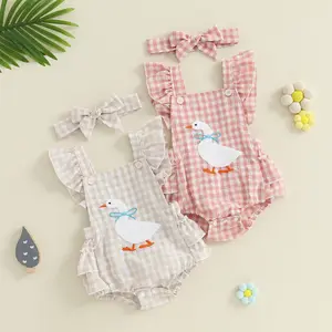 Imcute Toddler Infant Baby Girl Duck Silly Goose Embroidery Romper Flying Sleeve Tiered Plaid Overalls with Headband 0-18 Months