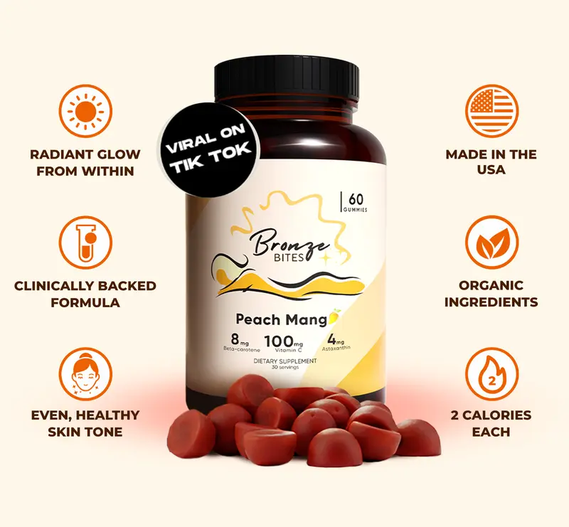 Bronze Bites Tanning Gummies - Best Tanning Gummies with Beta-carotene with Astaxanthin & Vitamin C - Vegan & Non GMO (60 Gummies)