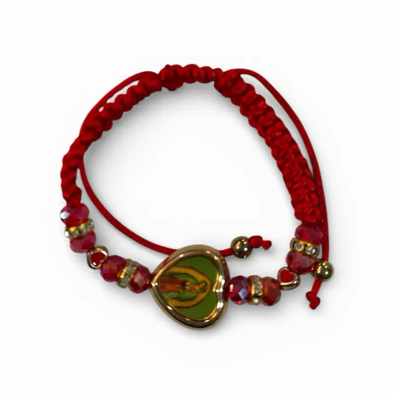 Our Lady of Guadalupe Adjustable Charm Bracelet with Red Crystal Beads and Gold Plated Accents for Women