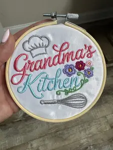 Grandma's Kitchen Machine Embroidered Framed in 4" Embroidery Hoop