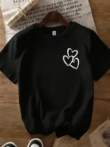 Women's Crew Neck Short Sleeve Tshirt Double Heart Print Loose Fit Hide Flaws Soft Breathable Cotton Blend Washable No Shrink No Fading For Students Office Ladies Moms Spring Summer Commute Shopping Casual Outings Home Wear