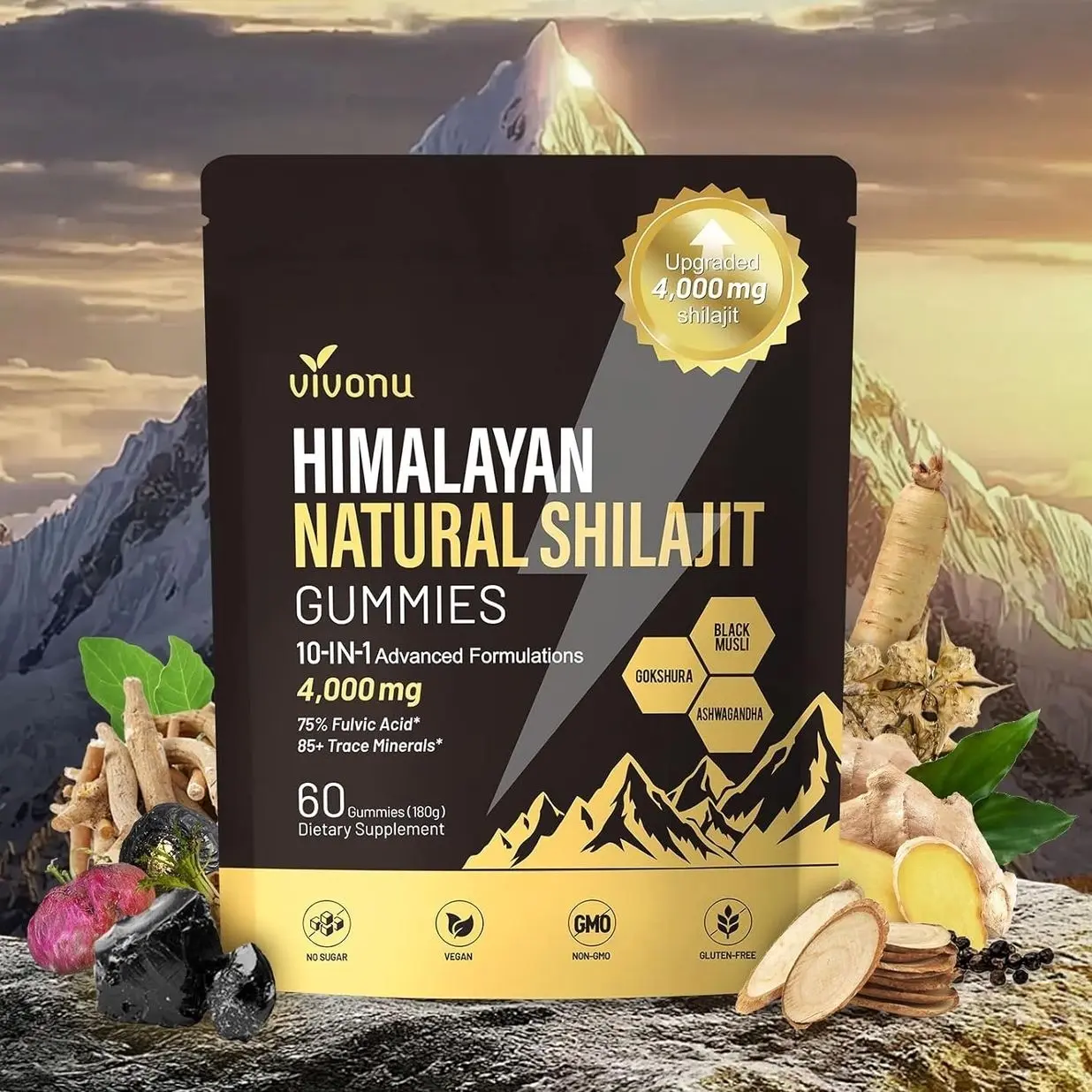 VivoNu Shilajit for Men & Women Gummies | 4000mg High Potency 10-in-1 Formula with Pure Himalayan Shilajit, Ashwagandha, and 75% Fulvic Acid | Sugar-Free Vegan, 85+ Trace Minerals