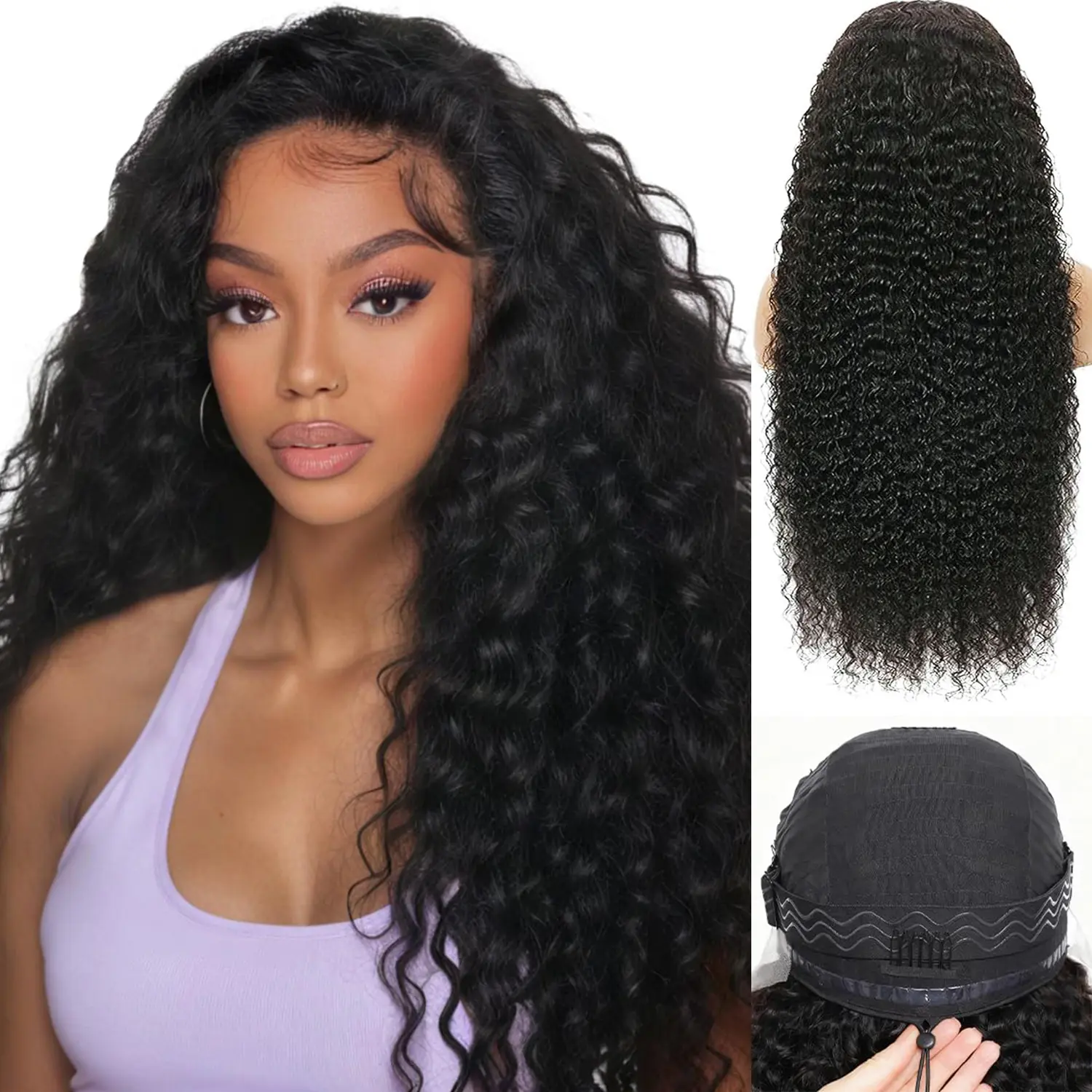 Half Curly Wig Human Hair 30 Inch Wear and Go Glueless Curly Wig 200% Density Water Wave 3 In 1 Seamless Flip Over Drawstring No Headband Wig for Black Women Beginner Friendly Natural Color