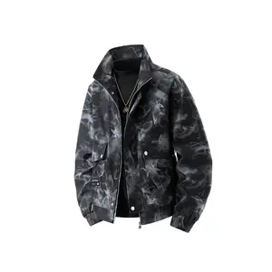 Bmuvlss Men'S Oversized 270-Pound Heavyweight Jacket - Windproof All-Season Loose Fit Lapel Collar with Graffiti & Iridescent Smoke Tie-Dye Print, Full-Zip Closure, Machine Washable Polyester Coat for Big & Tall (Black/Gray/Caramel) - Urban Streetwear & C
