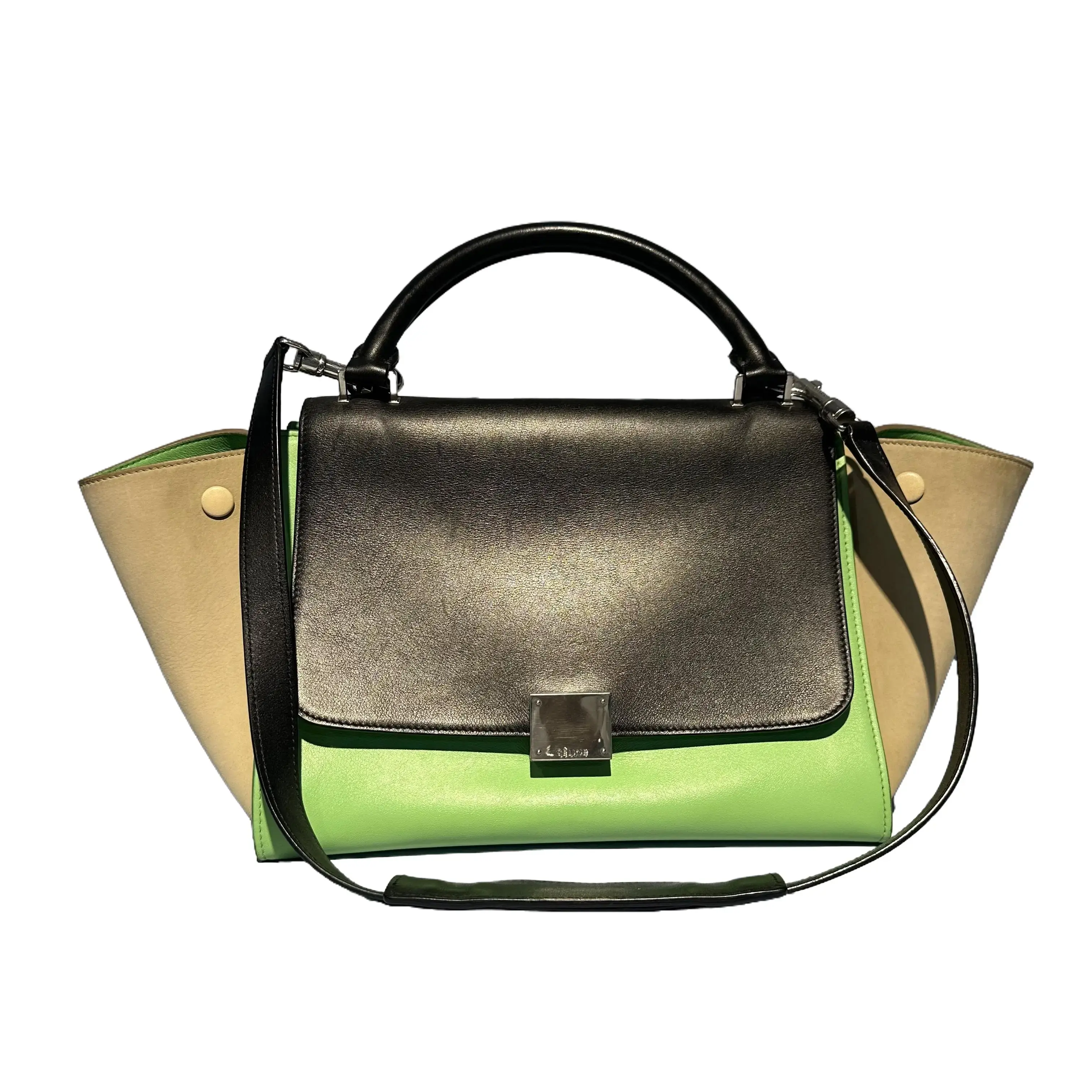 Pre-owned Celine Medium Trapeze Cowhide Crossbody Bag Multi Colors Green/Black/Yellow Color Block, Distinctive Retro Styling, Commute Ready, Genuine Leather, 27×16×20cm, TKB00000116