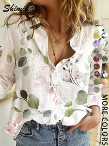 Women's Four-Season Button-Up Shirt, Digital Print Long Sleeve Blouse, Casual Vacation Lapel Design, Fitted Style, All Seasons Wear, Casual Boho Soft
