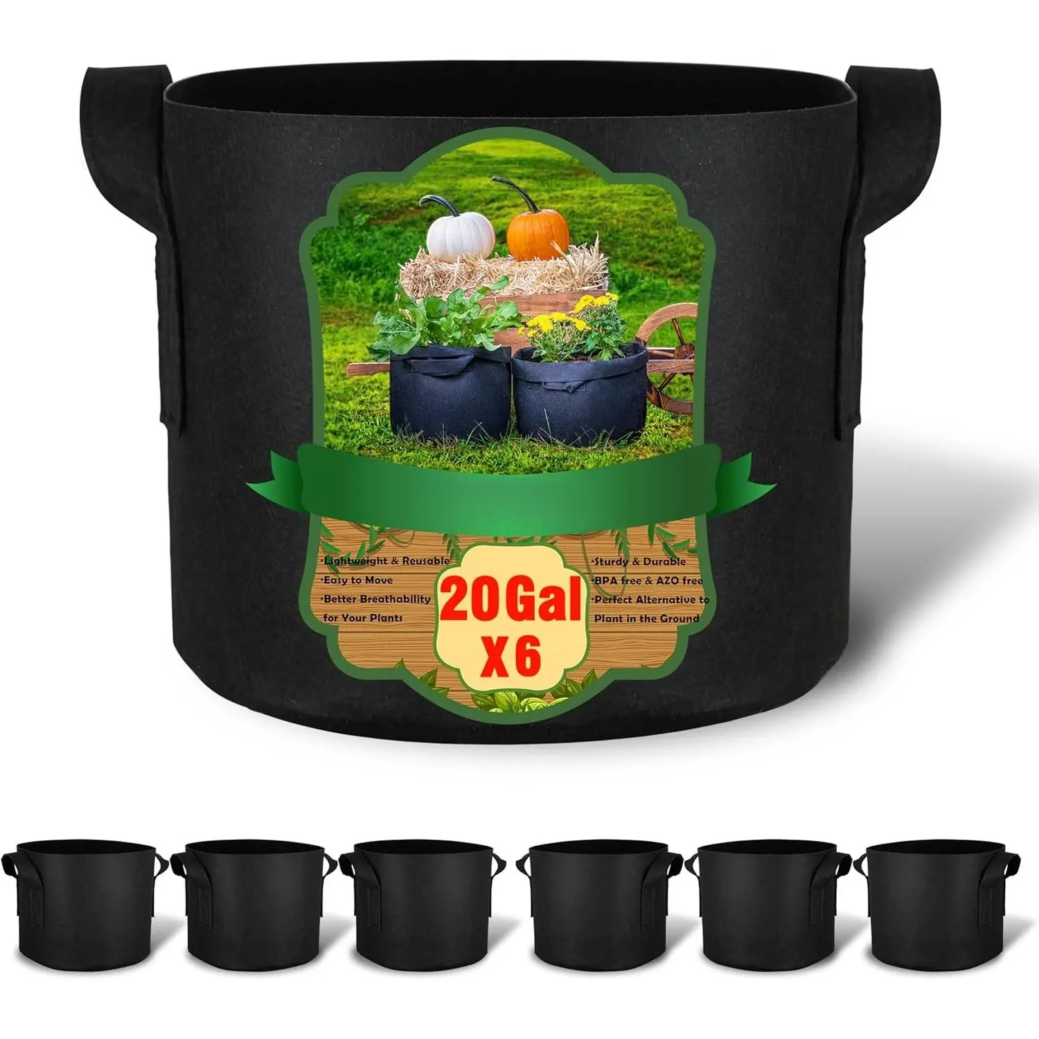 6-Pack 20 Gallon Grow Bags, Aeration Fabric Pots with Handles, Heavy Duty Cloth Pots for