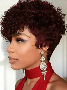 Women Elegant Curly Pixie Wig - Natural Curly Wave Human Hair Wig with Bangs,Full Machine Made, Short Pixie Cut for Everyday & Special Occasions, Curly Wigs