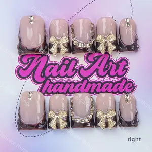 Delicatething Y2K Style Duckbill Nail Set, Handmade Wearable Nails with Bow, Diamond Accents, French Design, Perfect Gift for Women