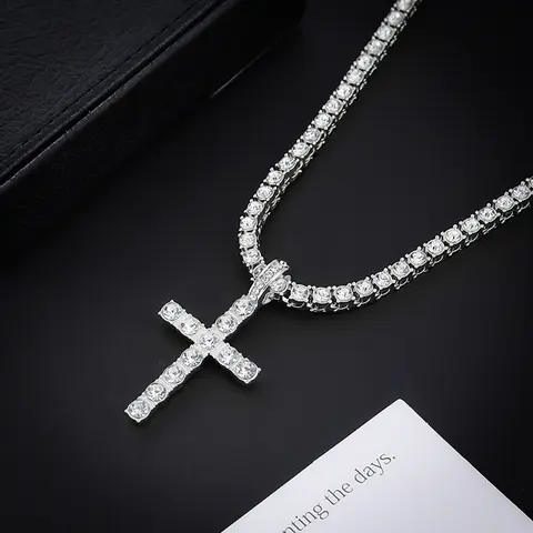 Hip hop alloy rhinestone cross pendant 4mm single row diamond tennis necklace
