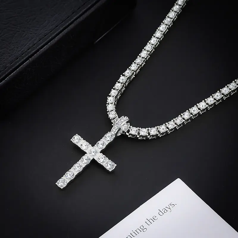 Hip hop alloy rhinestone cross pendant 4mm single row diamond tennis necklace