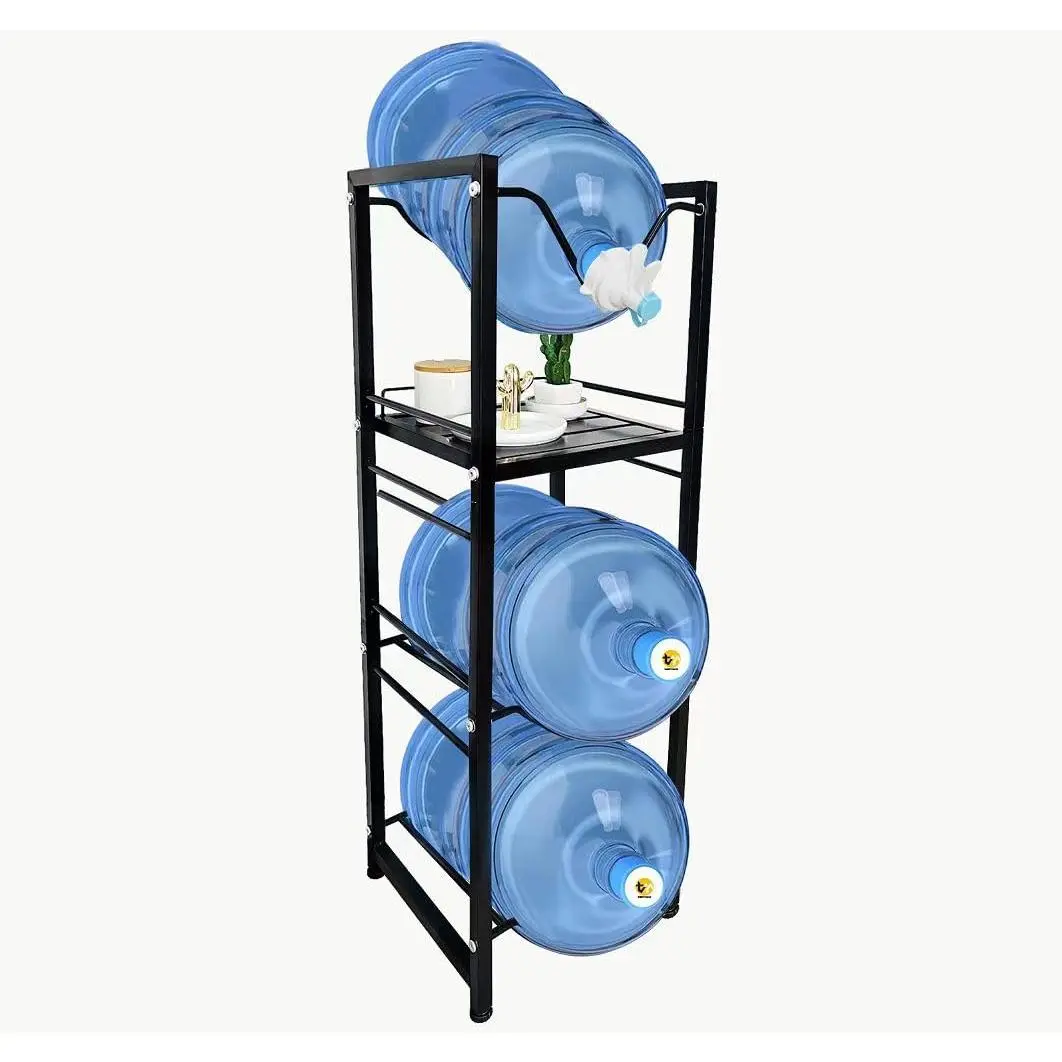 5 Gallon Water Jug Holder with Storage Shelve 3-Tiers Heavy Duty Water Jug Stand with Fast Flow Water Spout Fits 55mm Water Bottle Holder for Kitchen, Living Room, Office, Office, Black
