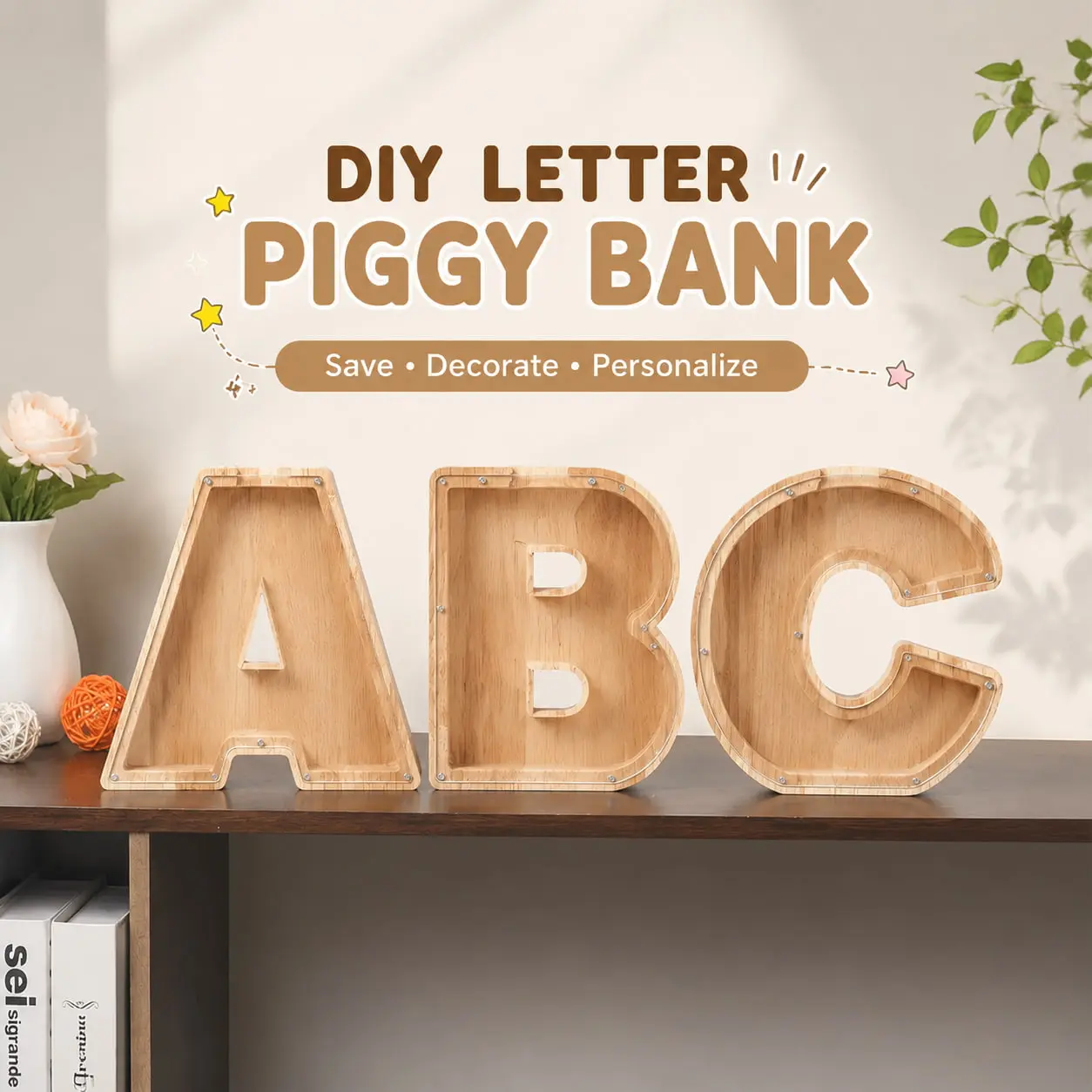 Wooden Letter Piggy Bank, Personalized Alphabet Money Box A-Z with Transparent Acrylic Window, DIY Coin Saving Jar for Kids & Adults,  Creative Savings Challenge Box, Birthday Gift, Wedding Decoration, Home Room Decor