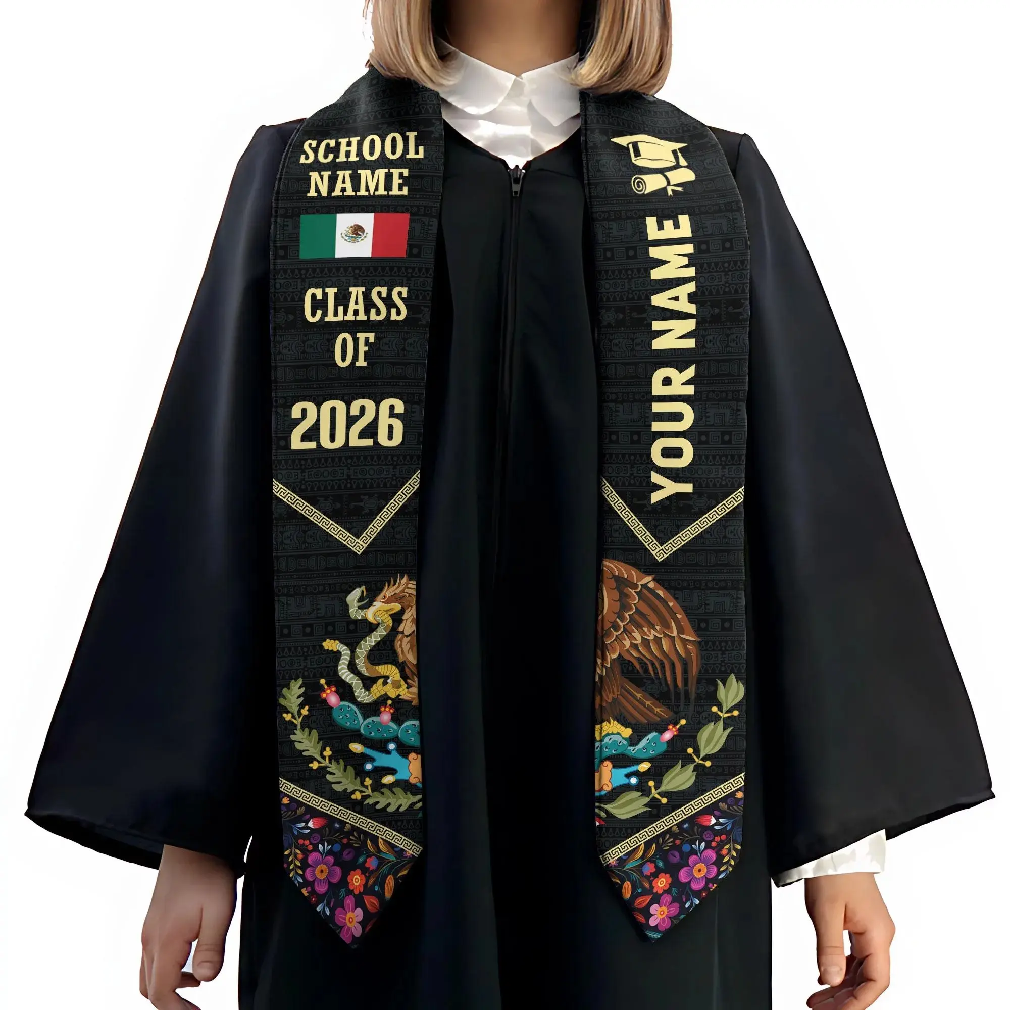 Custom Mexican Graduation Stole 2026 – Eagle Snake Sash & Personalized Name Printed & Patriotic Cultural Grad Gift Keepsake