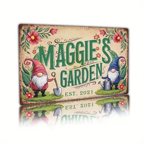 1pc 12x8 In 2D Flat Ornament Decorative Home Sign - Customizable Name Text, Personalized Vintage Rustic Metal Plaque with Floral & Gnome Design, Durable Indoor/Outdoor Easter Gift for Man Cave, Bar, Decorative Home Signs