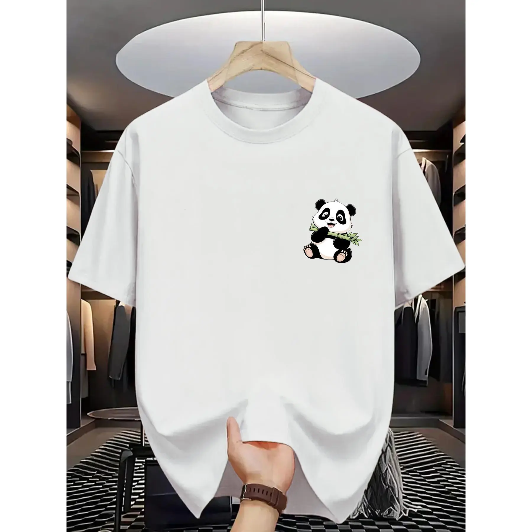 Men's Panda Graphic Cotton T-Shirt, Casual Round Neck Streetwear, Soft and Breathable for Summer Daily Wear, Tshirt, Top, Shortsleeve, Sporty Chic, 180G, Lightweight