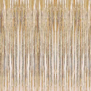 2-Piece Set 3.2 ft x 8.2 ft Champagne Gold Metallic Sequined Fringe Curtain Studio Backdrop Fabric Ideal for Baby Showers, Birthday Parties, Weddings, Holiday Celebrations, Bachelorette Party Decorations