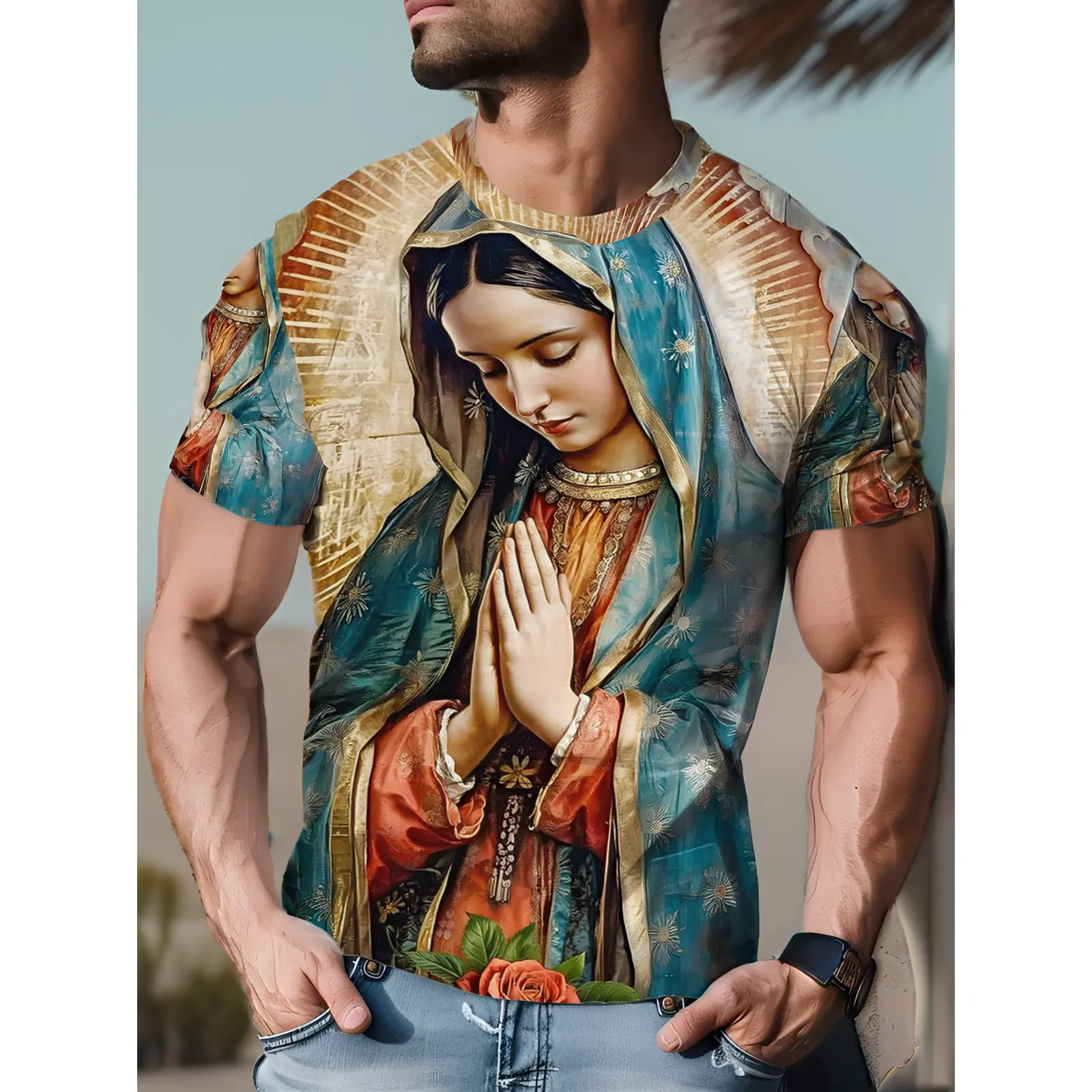 Praying Hands Religious Catholic Art T-shirt for Men Spiritual Devotion Apparel for Church Events, Christian Holidays Gift Idea for Faithful Adults, Easter and Christmas Blessing Tee, PLUS SIZE