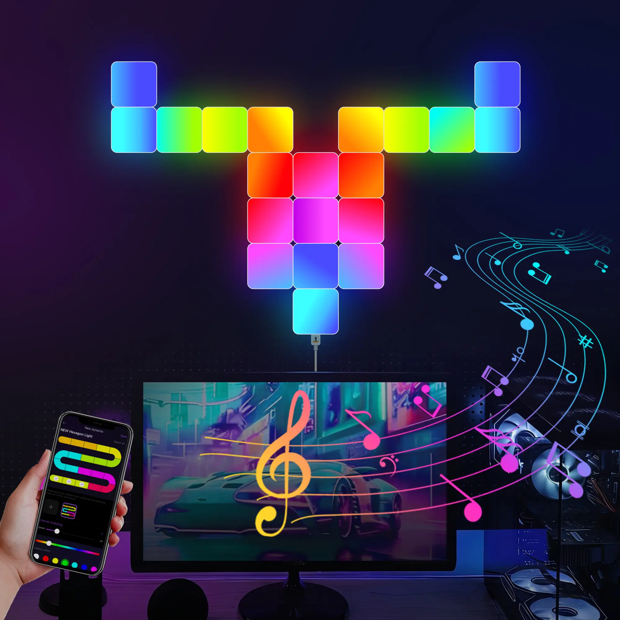 RGB Smart Splicing Quadrilateral Mini Panel LED Lights - Color Changing, Music Sync, DIY, ABS Material - Bonfire/Anniversary Contemporary Home Decor Gaming Ambient Night Light for Game Room