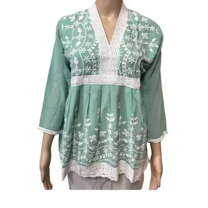 Sage Green Embroidered V-Neck Tunic Top with Lace Trim Top-55 Large Size 3 Pieces in Stock Elegant Autumn Design